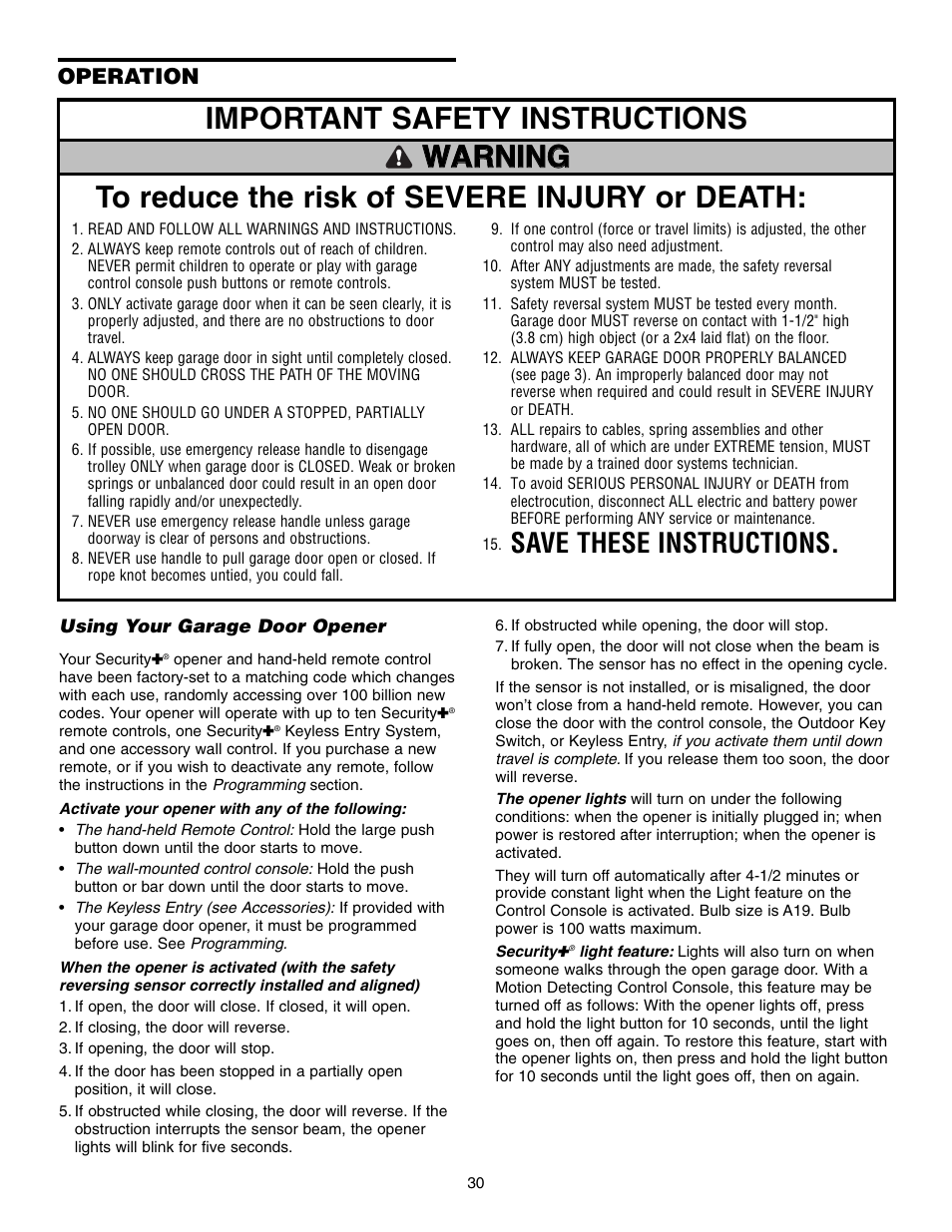 Operation, Using your garage door opener, Save these instructions | Craftsman 315 SERIES 139.53939D User Manual | Page 30 / 80