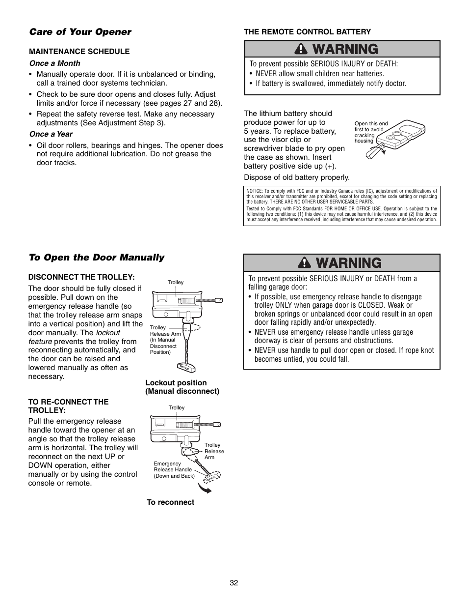 Care of your opener, To open the door manually | Craftsman 315 SERIES 139.53939D User Manual | Page 32 / 80