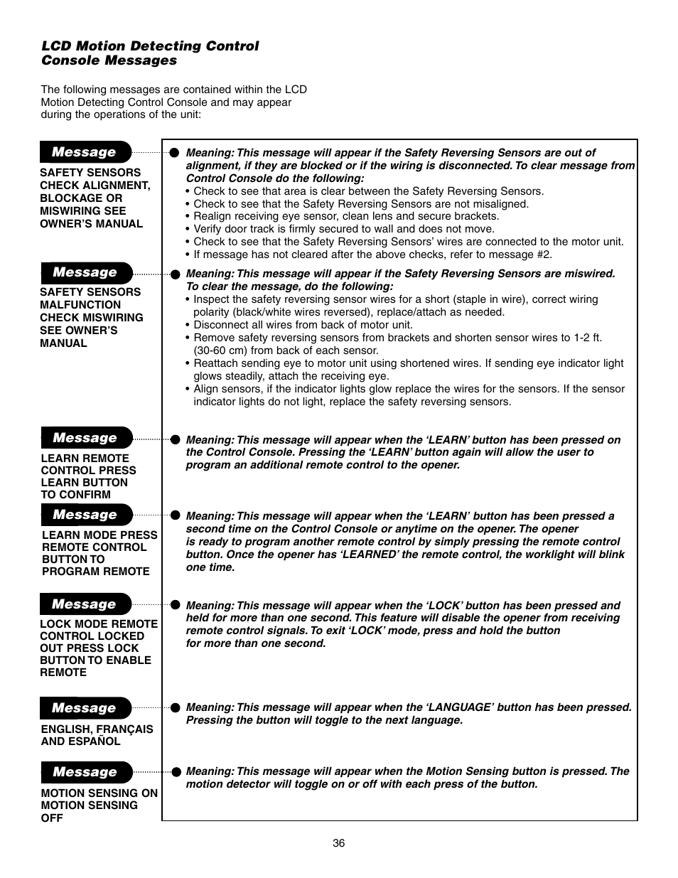 Lcd motion detecting control console messages | Craftsman 315 SERIES 139.53939D User Manual | Page 36 / 80