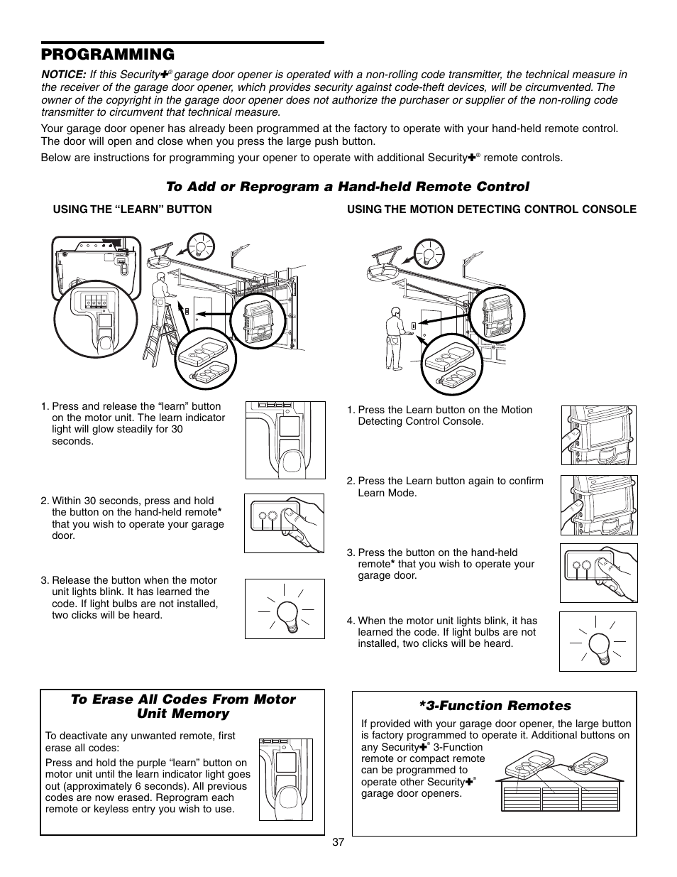 Programming, To add or reprogram a hand-held remote control, To erase all codes from motor unit memory | Function remotes | Craftsman 315 SERIES 139.53939D User Manual | Page 37 / 80