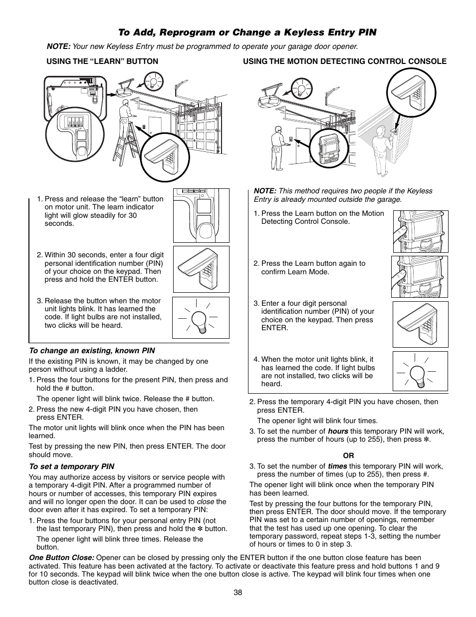 To add, reprogram or change a keyless entry pin | Craftsman 315 SERIES 139.53939D User Manual | Page 38 / 80