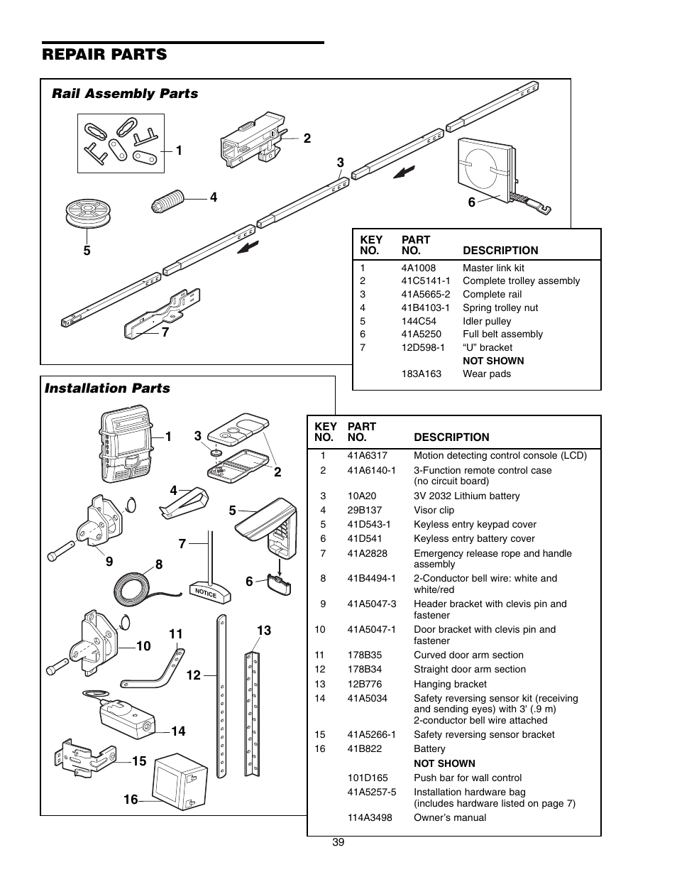 Repair parts, Installation parts | Craftsman 315 SERIES 139.53939D User Manual | Page 39 / 80