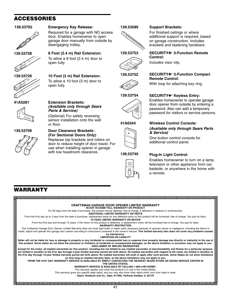 Accessories, Warranty | Craftsman 315 SERIES 139.53939D User Manual | Page 41 / 80