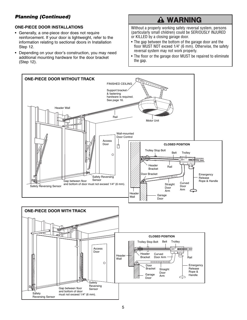 One-piece door installations, Planning (continued), One-piece door without track | Craftsman 315 SERIES 139.53939D User Manual | Page 5 / 80