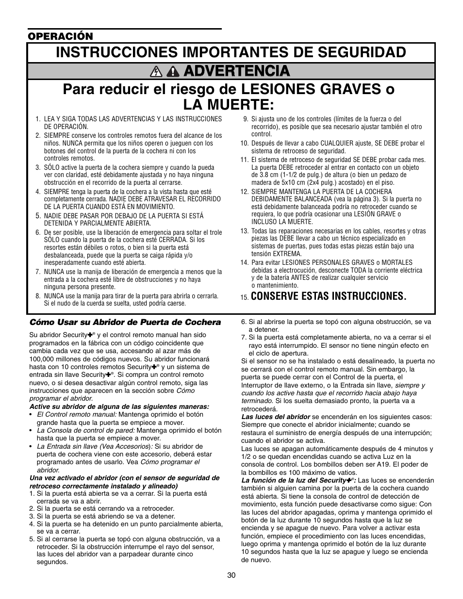 Conserve estas instrucciones, Operación | Craftsman 315 SERIES 139.53939D User Manual | Page 70 / 80