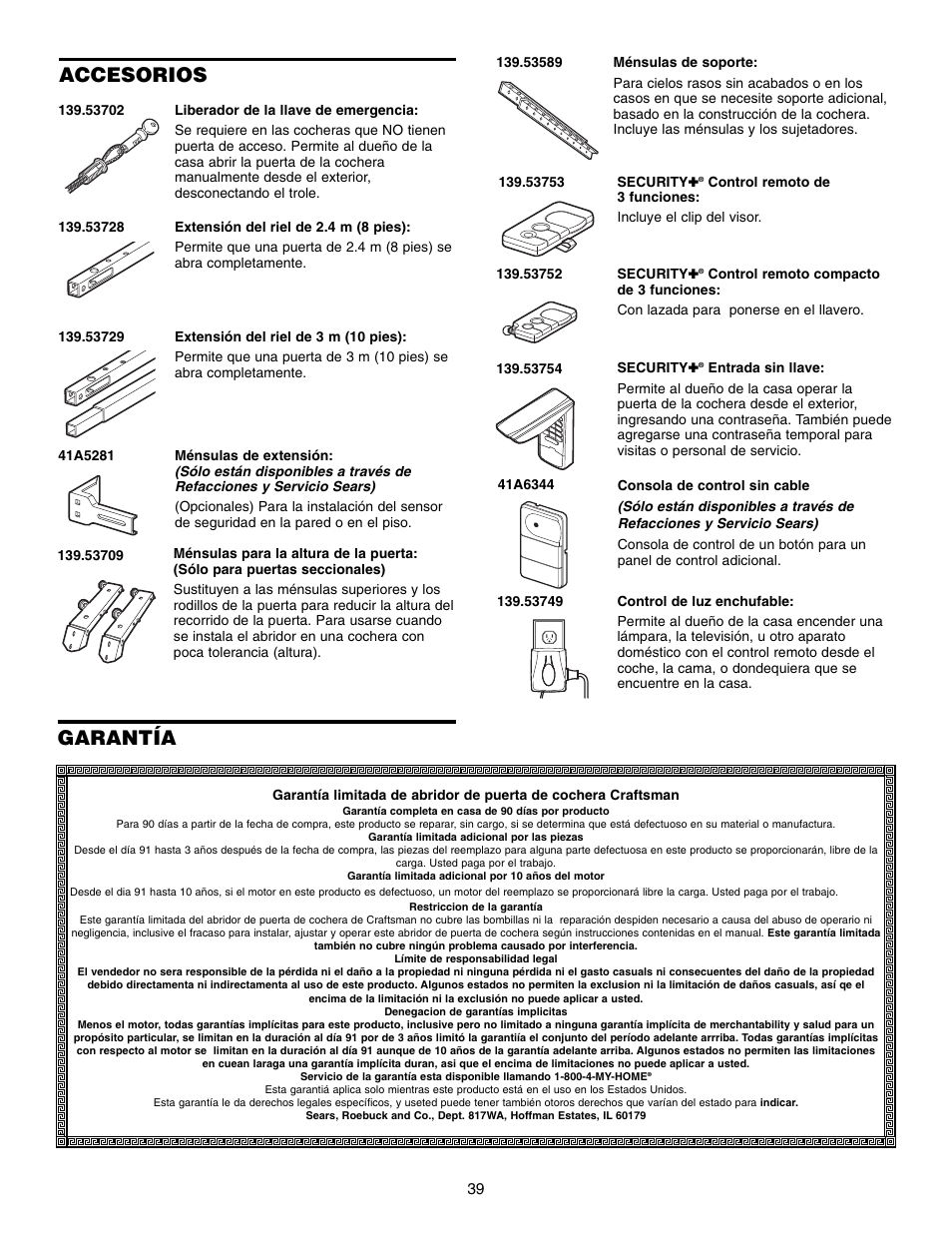 Accesorios, Garantía | Craftsman 315 SERIES 139.53939D User Manual | Page 79 / 80