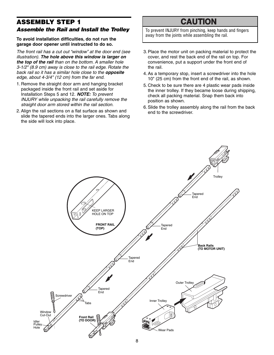 Assembly, Assemble the rail and install the trolley, Assembly step 1 | Craftsman 315 SERIES 139.53939D User Manual | Page 8 / 80