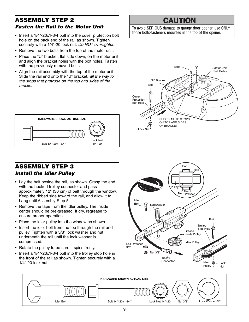 Fasten the rail to the motor unit, Install the idler pulley, Assembly step 2 | Assembly step 3 | Craftsman 315 SERIES 139.53939D User Manual | Page 9 / 80