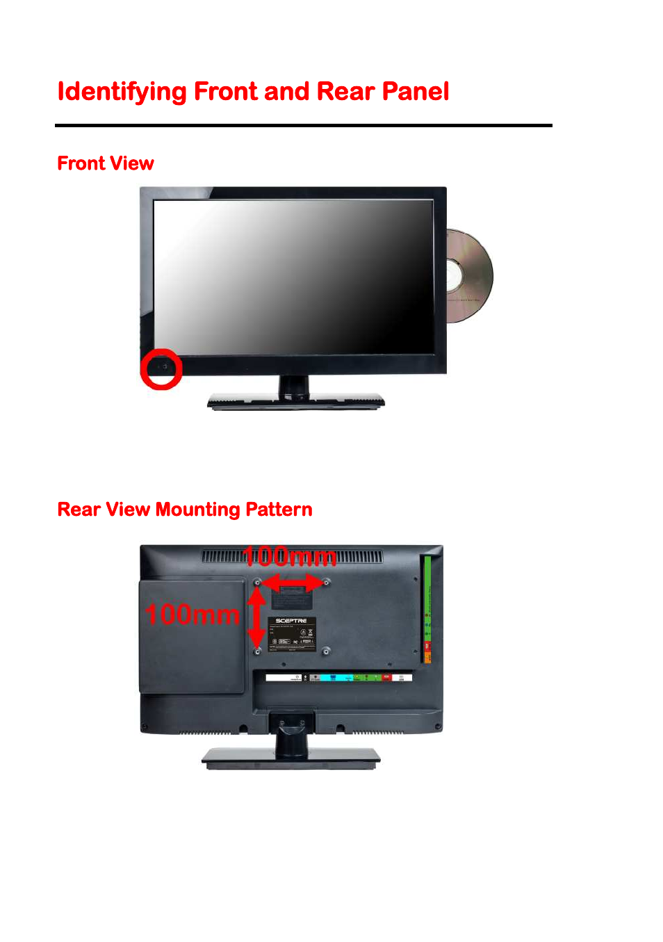 Identifying front and rear panel, Front view, Rear view mounting pattern | Sceptre E195BD-SHDC User Manual | Page 10 / 56