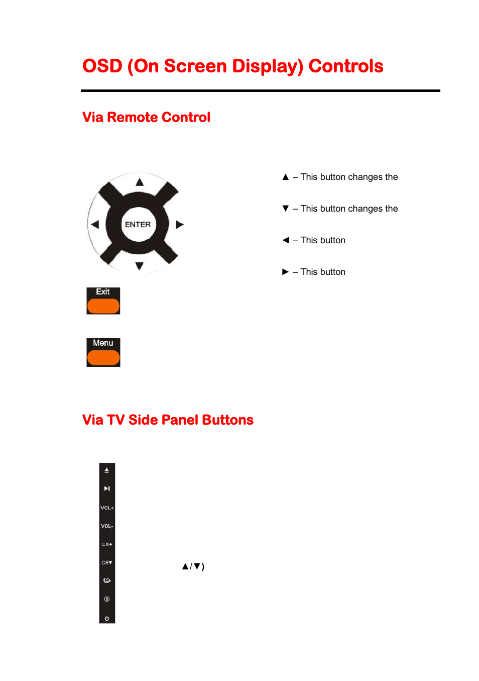 Osd (on screen display) controls, Via remote control, Via tv side panel buttons | Sceptre E195BD-SHDC User Manual | Page 23 / 56