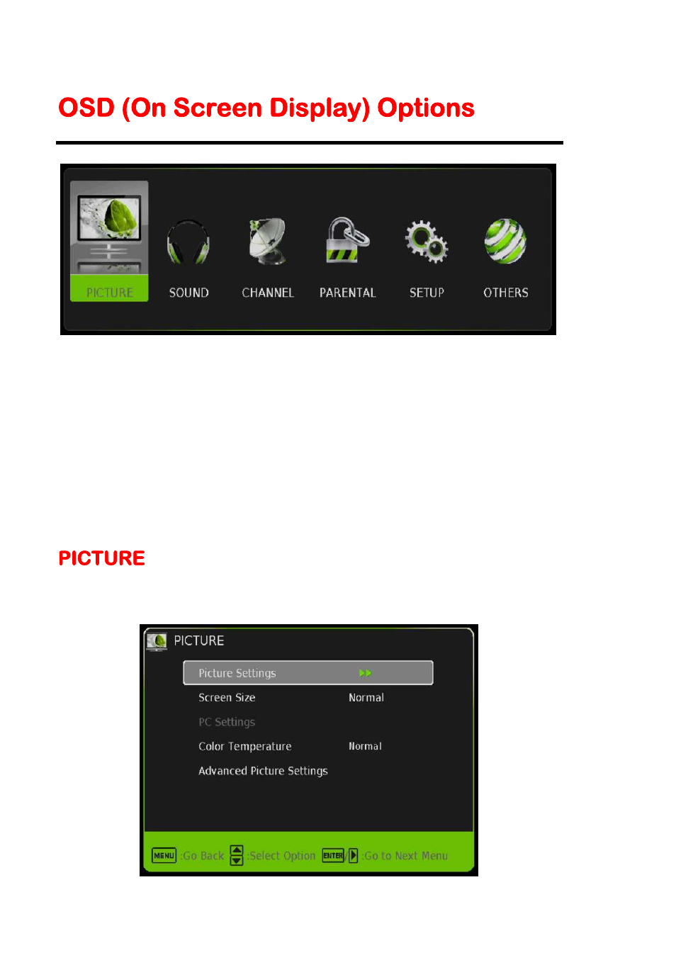 Osd (on screen display) options, Picture | Sceptre E195BD-SHDC User Manual | Page 24 / 56