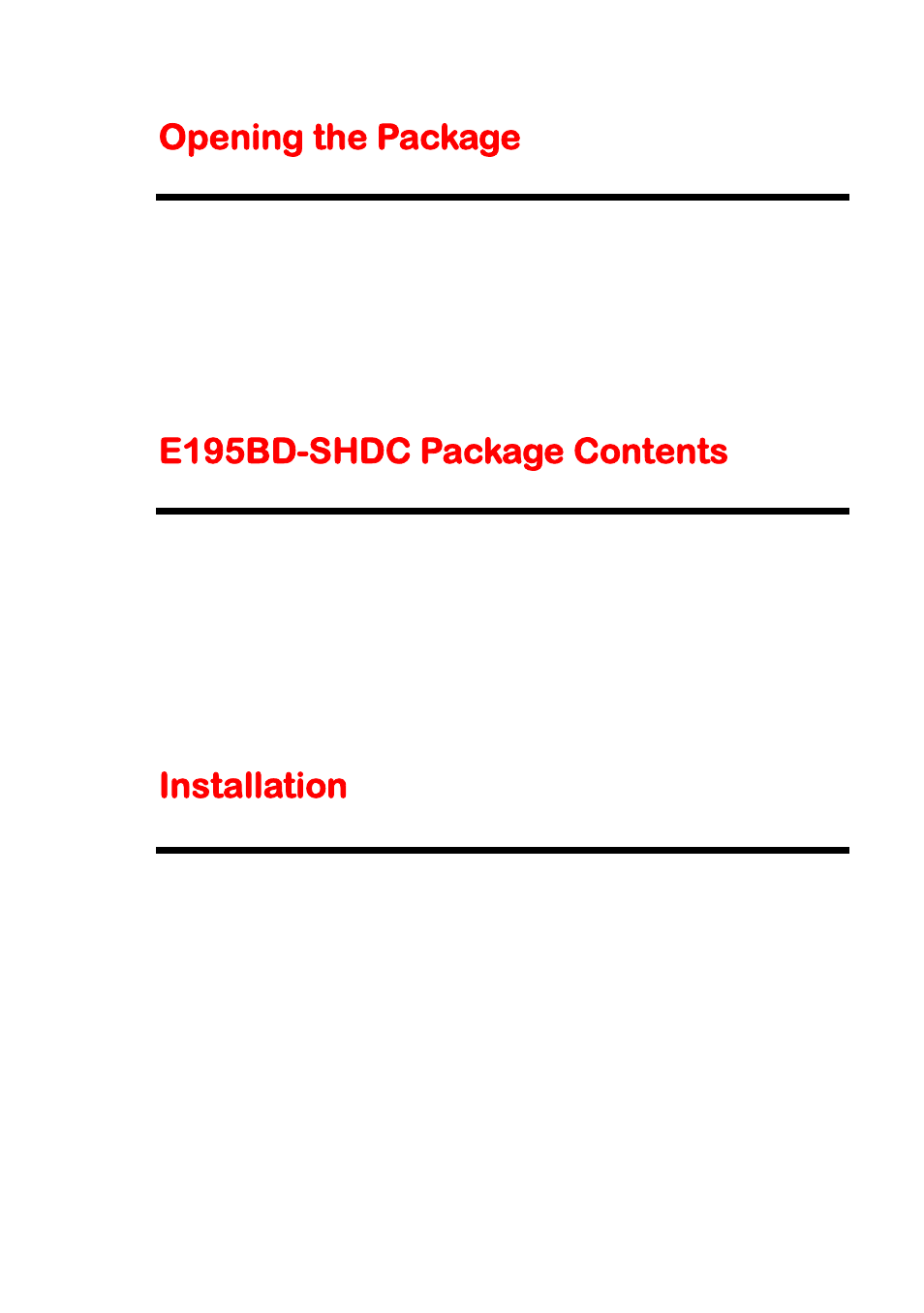 Opening the package, E195bd-shdc package contents, Installation | Sceptre E195BD-SHDC User Manual | Page 7 / 56