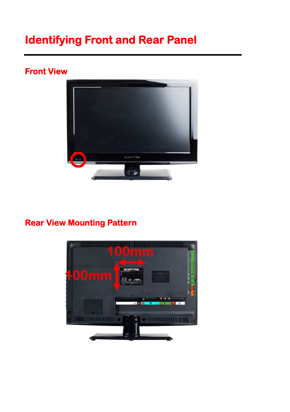 Identifying front and rear panel, Front view, Rear view mounting pattern | Sceptre E195BV-SHDE User Manual | Page 10 / 50