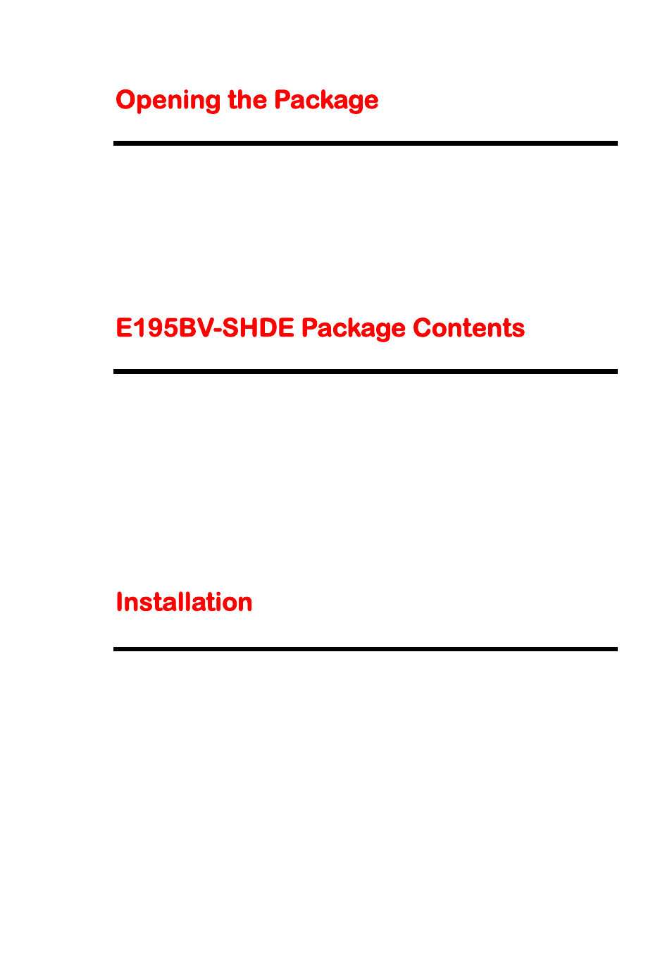 Opening the package, E195bv-shde package contents, Installation | Sceptre E195BV-SHDE User Manual | Page 7 / 50