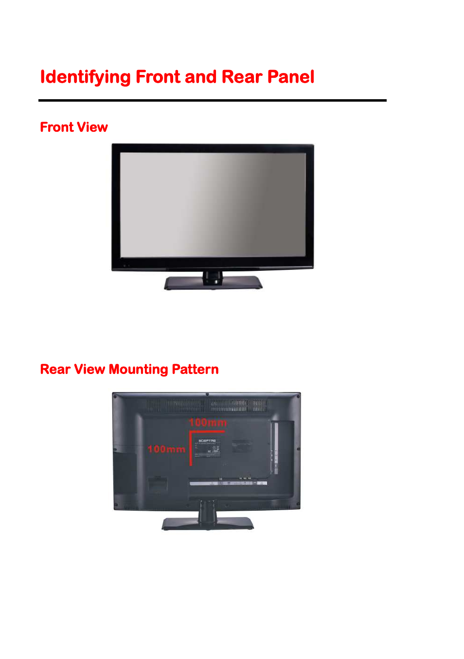 Identifying front and rear panel, Front view, Rear view mounting pattern | Sceptre E245BV-FHD User Manual | Page 10 / 55