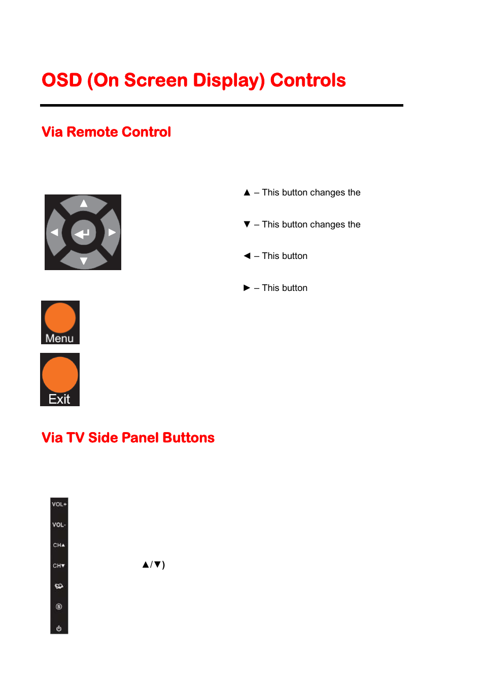Osd (on screen display) controls, Via remote control, Via tv side panel buttons | Sceptre E245BV-FHD User Manual | Page 24 / 55