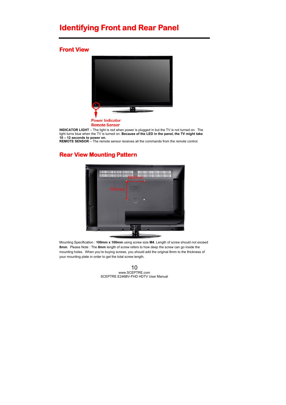 Identifying front and rear panel, Front view, Rear view mounting pattern | Sceptre E246BV-FHD User Manual | Page 10 / 55