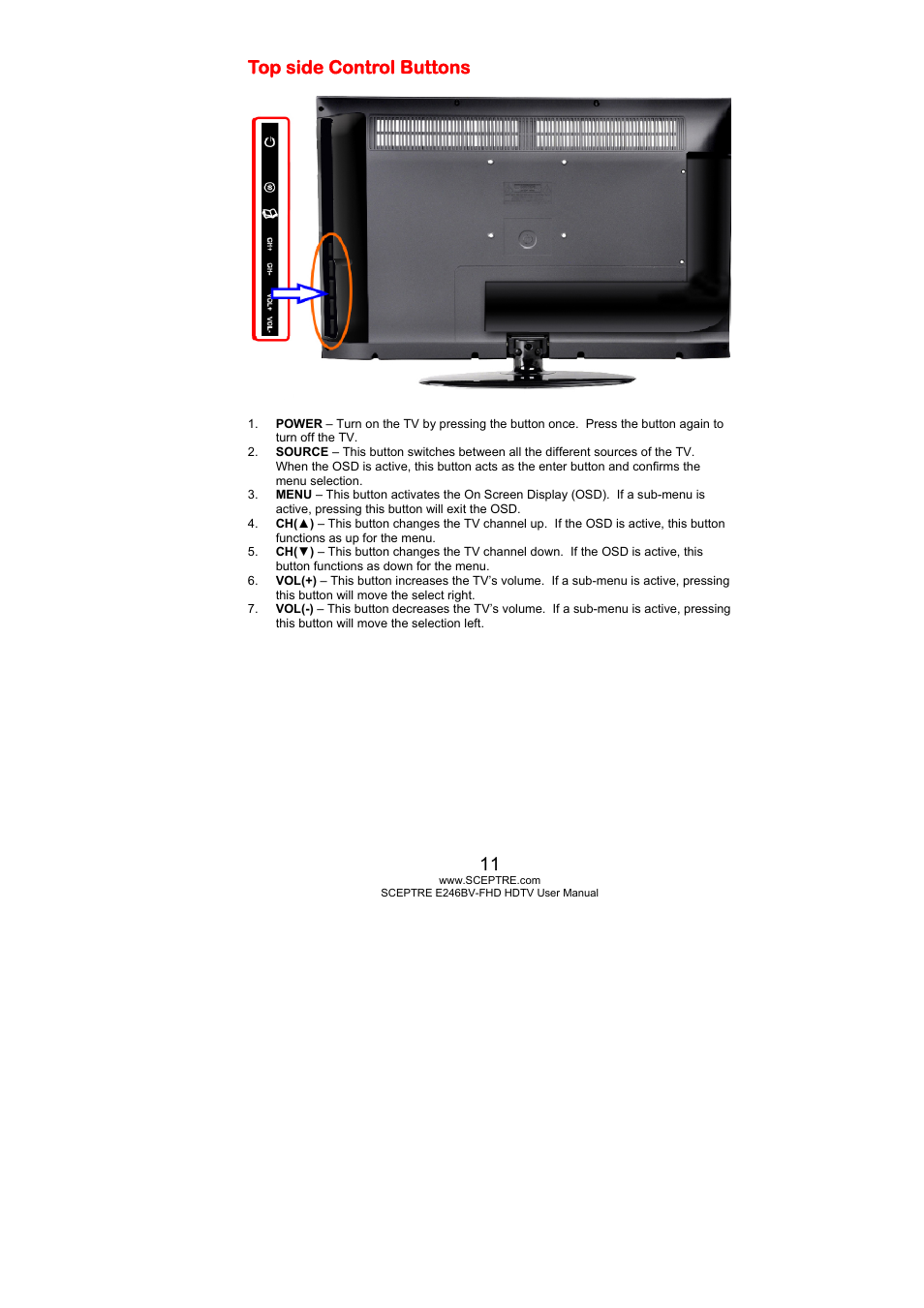 Top side control buttons | Sceptre E246BV-FHD User Manual | Page 11 / 55