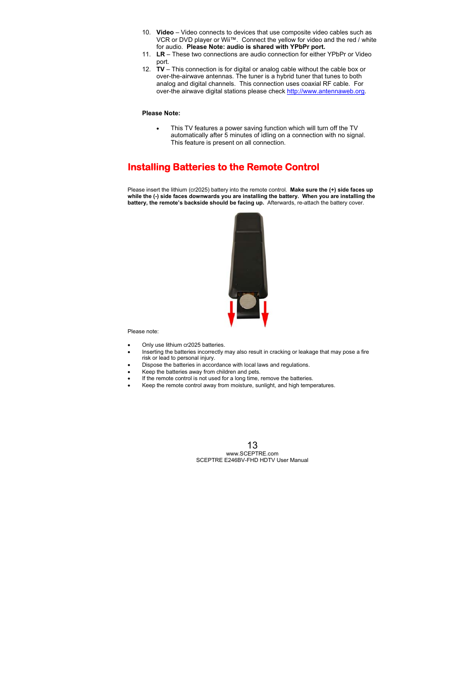 Installing batteries to the remote control | Sceptre E246BV-FHD User Manual | Page 13 / 55