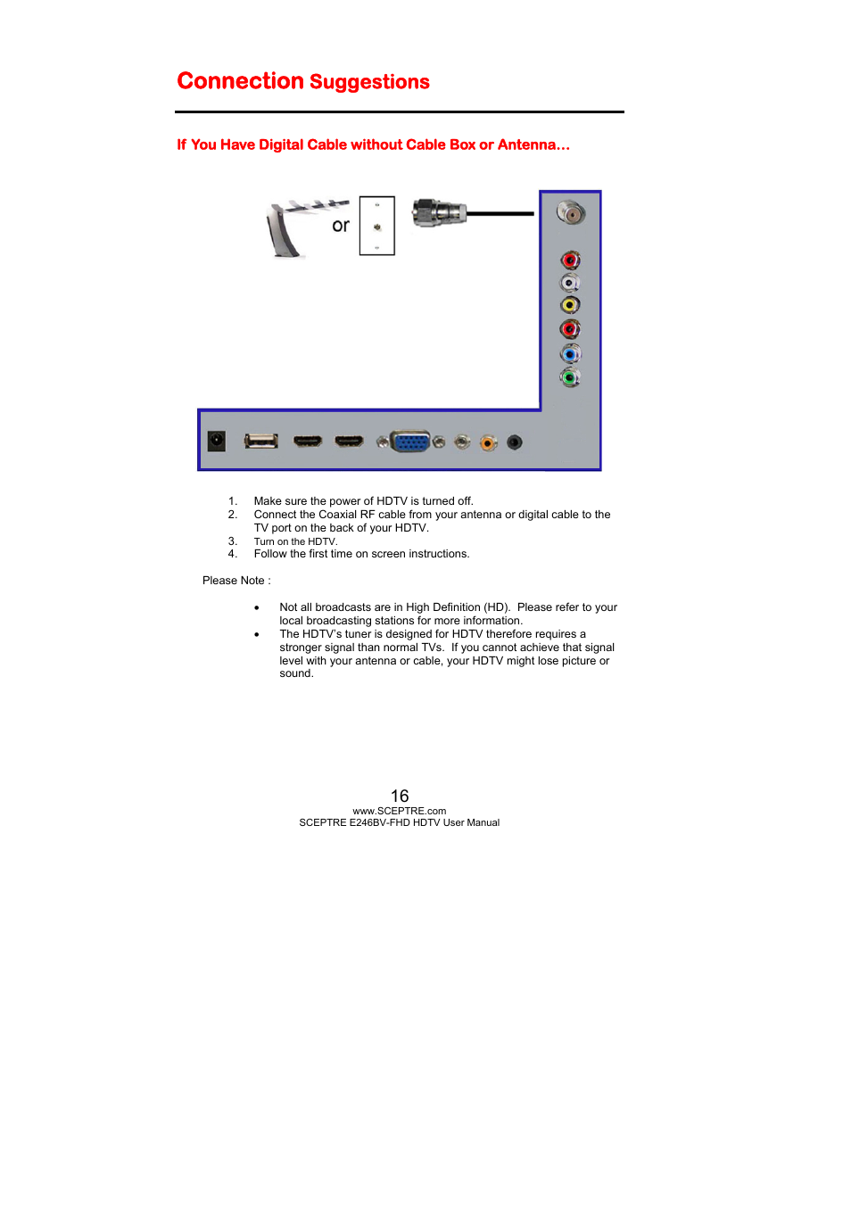 Connection, Suggestions | Sceptre E246BV-FHD User Manual | Page 16 / 55