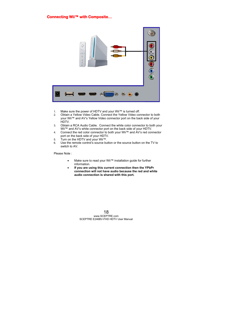 Connecting wii™ with composite | Sceptre E246BV-FHD User Manual | Page 18 / 55