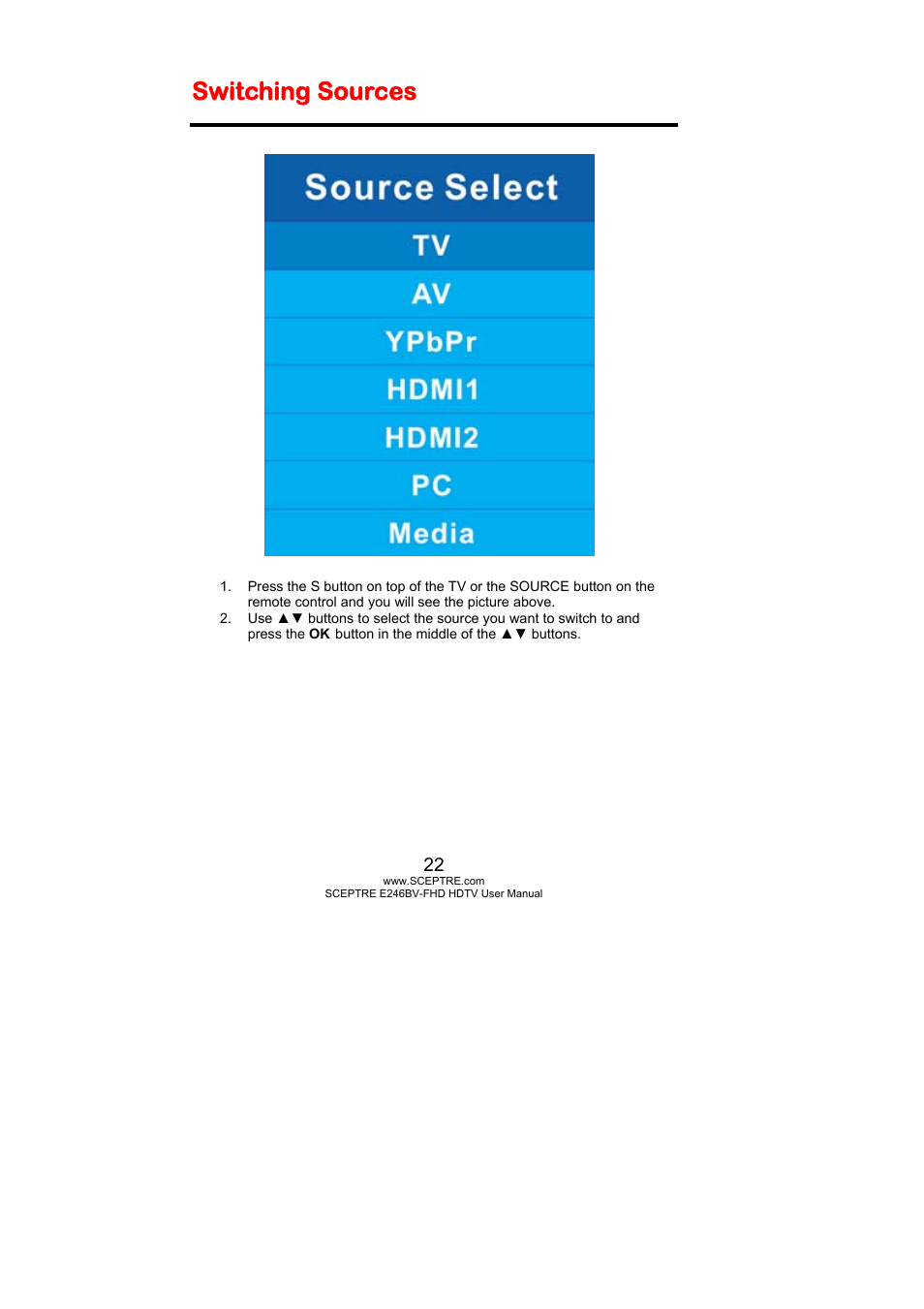 Switching sources | Sceptre E246BV-FHD User Manual | Page 22 / 55