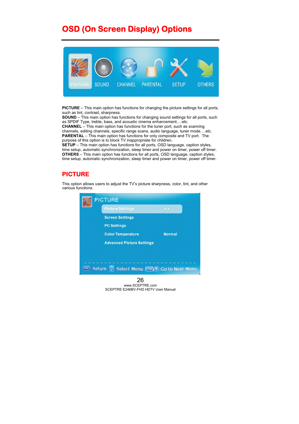 Osd (on screen display) options, Picture | Sceptre E246BV-FHD User Manual | Page 26 / 55