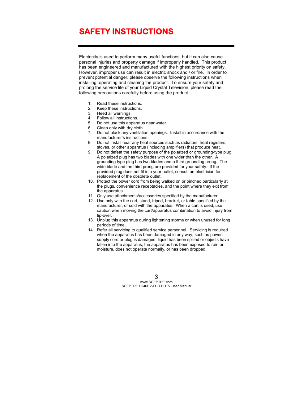 Safety instructions | Sceptre E246BV-FHD User Manual | Page 3 / 55