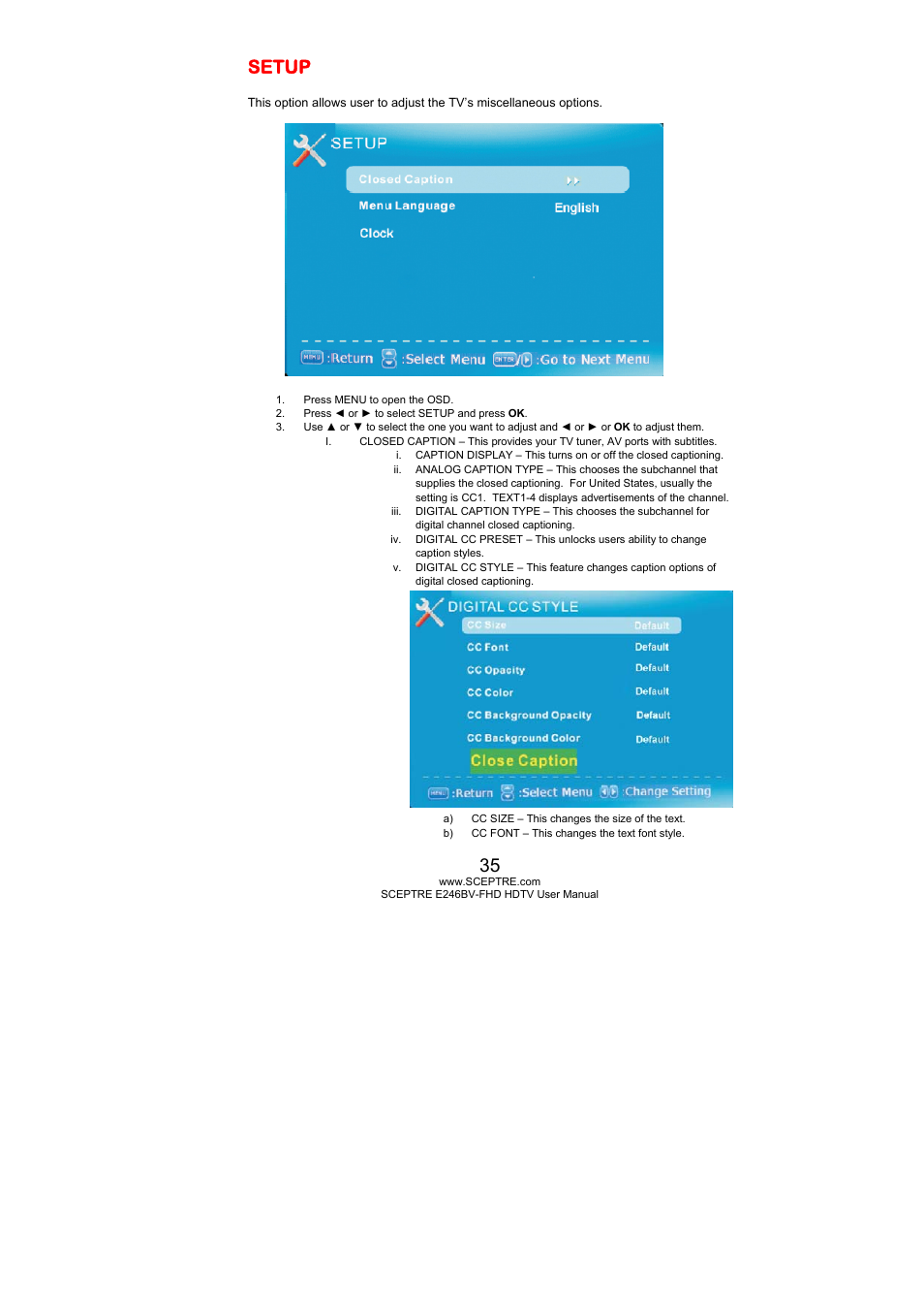 Setup | Sceptre E246BV-FHD User Manual | Page 35 / 55