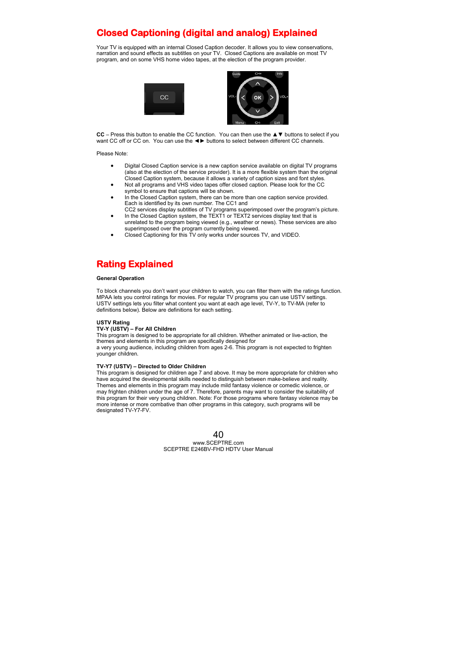 Closed captioning (digital and analog) explained, Rating explained | Sceptre E246BV-FHD User Manual | Page 40 / 55