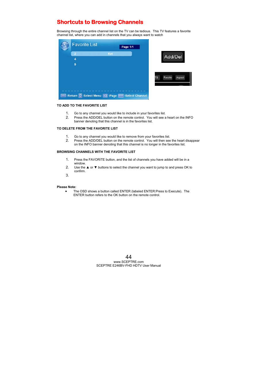 Shortcuts to browsing channels | Sceptre E246BV-FHD User Manual | Page 44 / 55