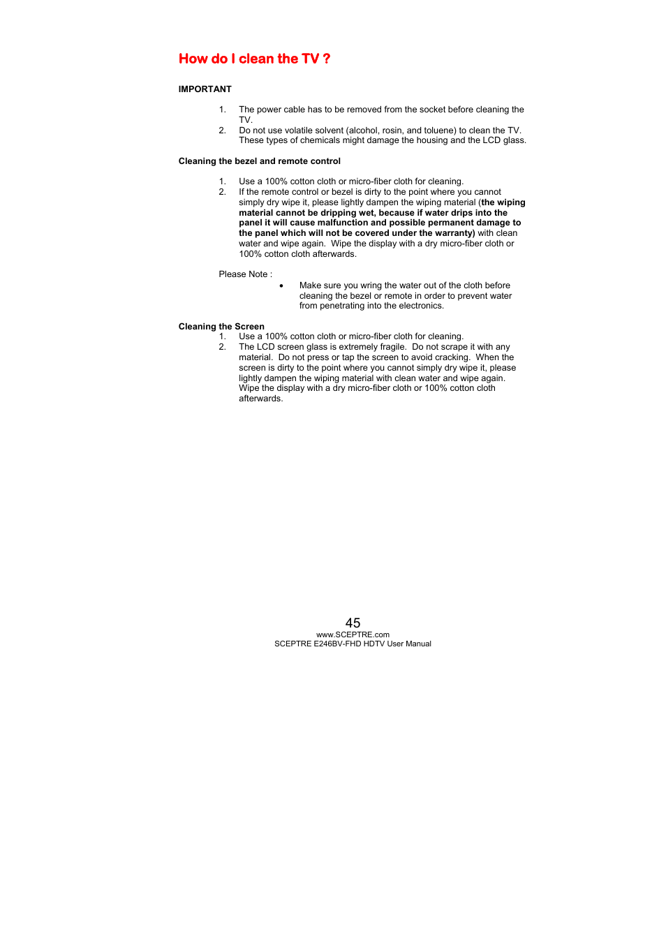 How do i clean the tv | Sceptre E246BV-FHD User Manual | Page 45 / 55