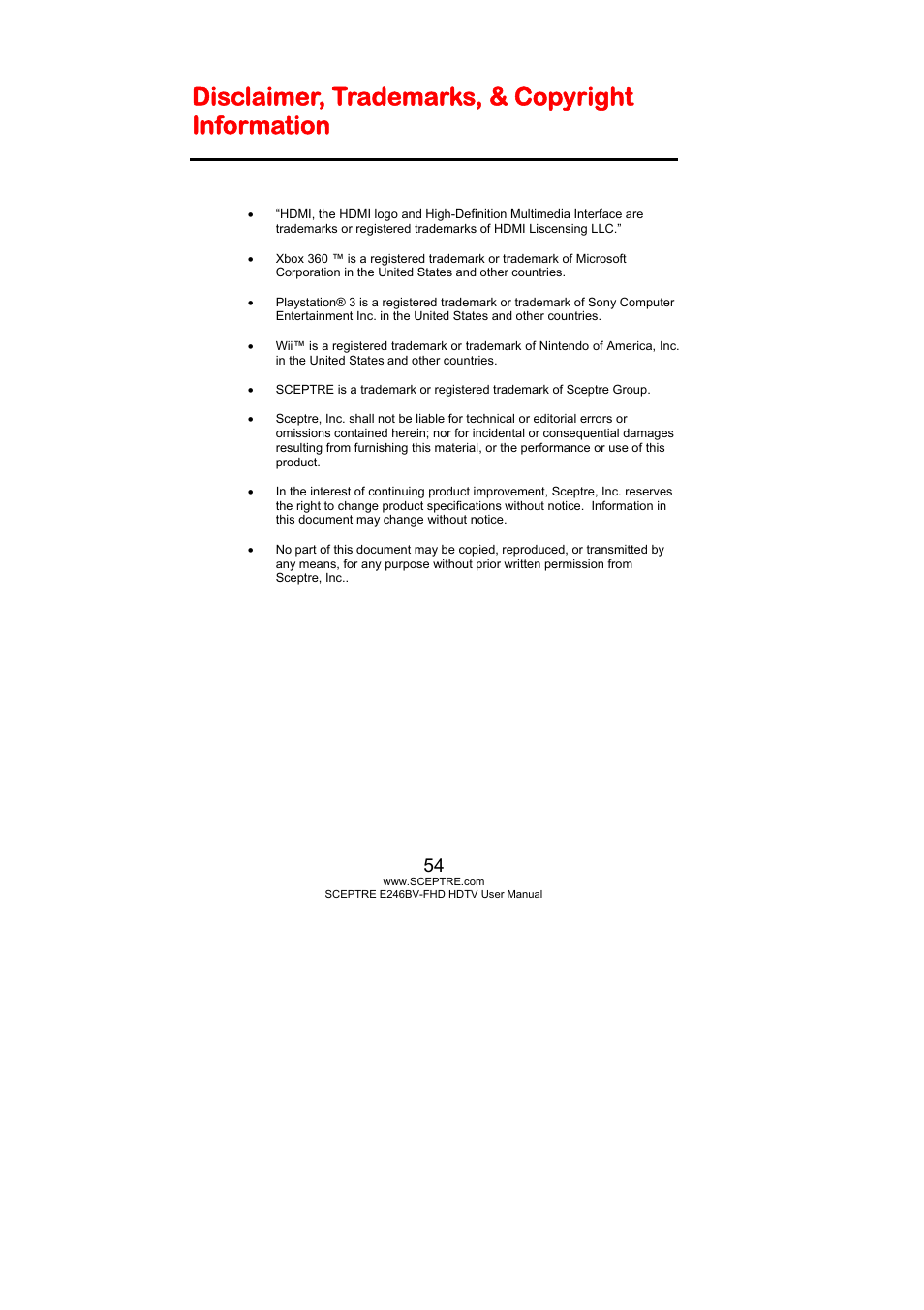 Disclaimer, trademarks, & copyright information | Sceptre E246BV-FHD User Manual | Page 54 / 55