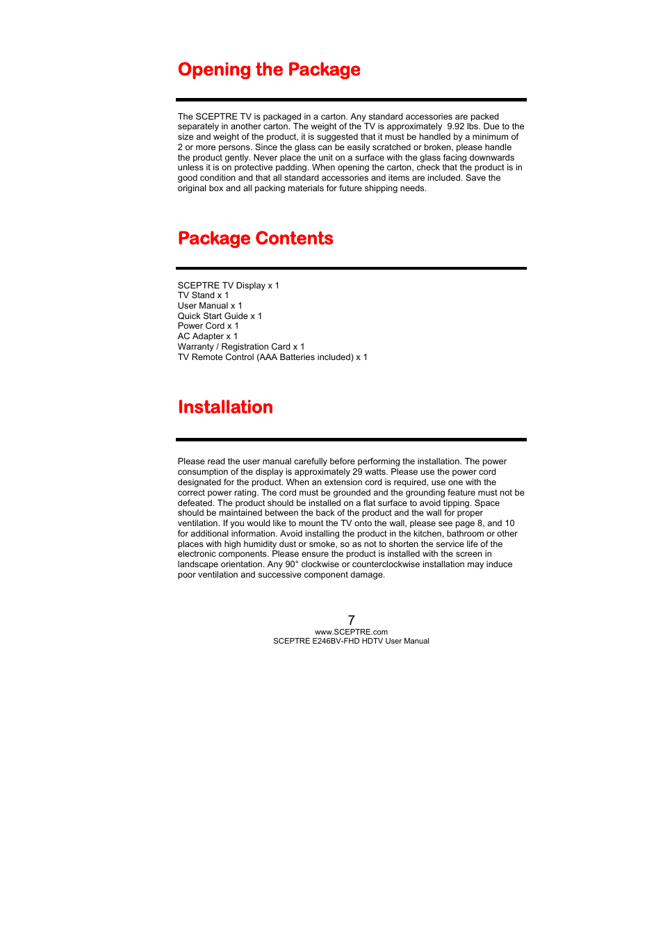 Opening the package, Package contents, Installation | Sceptre E246BV-FHD User Manual | Page 7 / 55