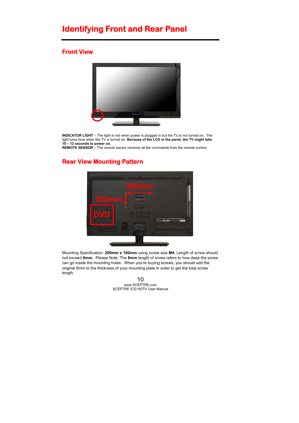 Identifying front and rear panel, Front view, Rear view mounting pattern | Sceptre E325BD-HD User Manual | Page 10 / 58