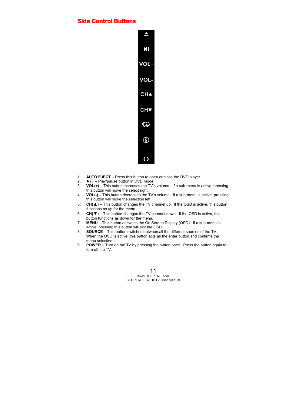 Side control buttons | Sceptre E325BD-HD User Manual | Page 11 / 58