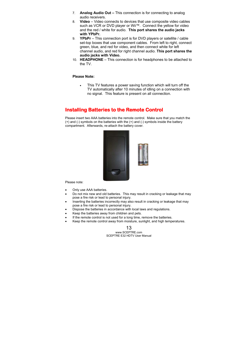 Installing batteries to the remote control | Sceptre E325BD-HD User Manual | Page 13 / 58