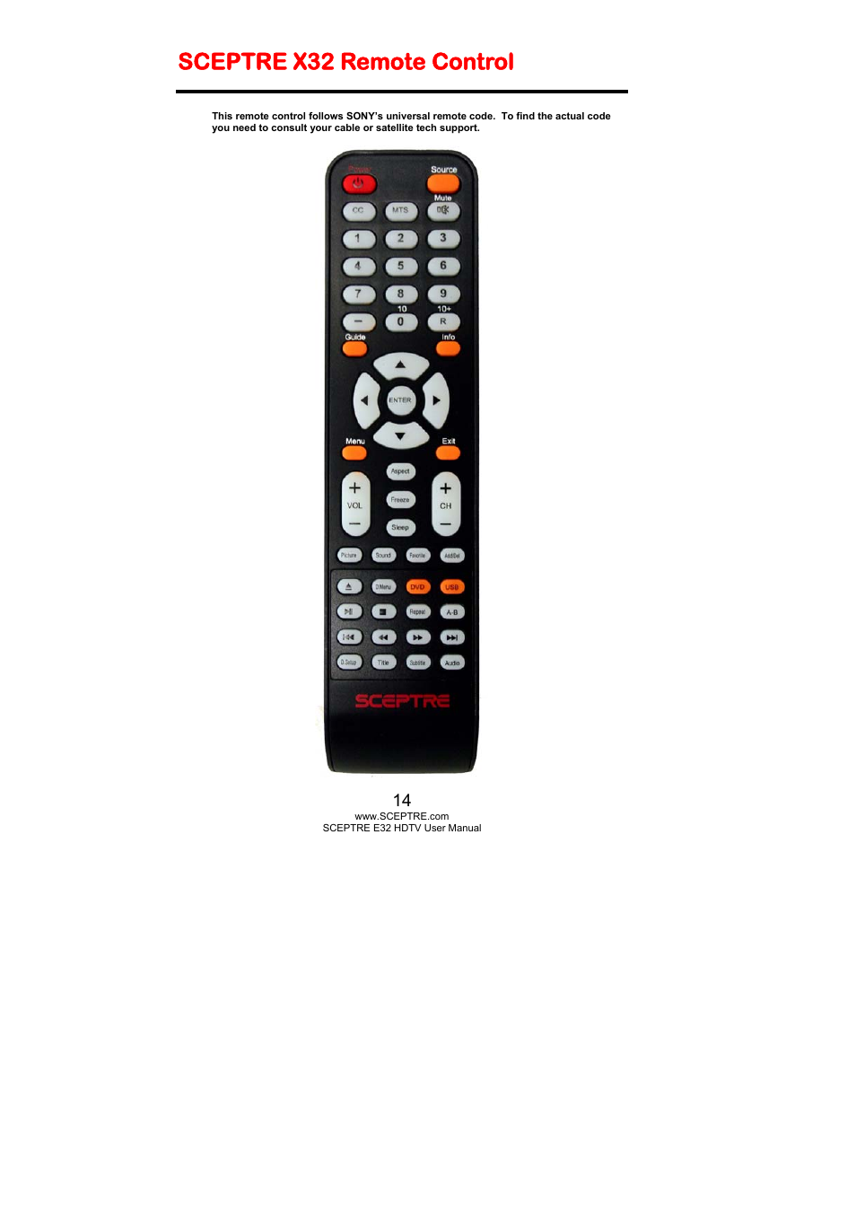 Sceptre x32 remote control | Sceptre E325BD-HD User Manual | Page 14 / 58