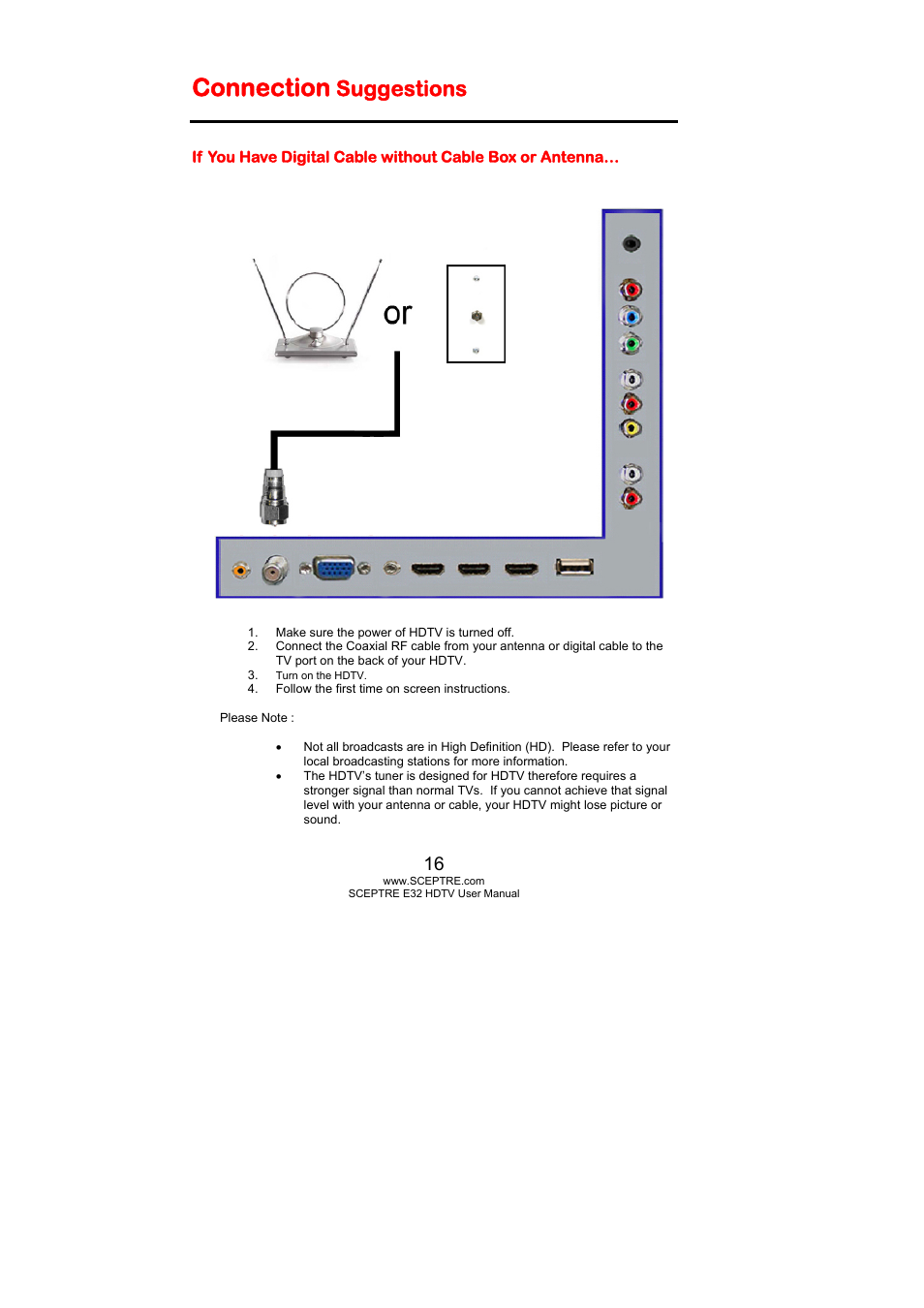 Connection, Suggestions | Sceptre E325BD-HD User Manual | Page 16 / 58