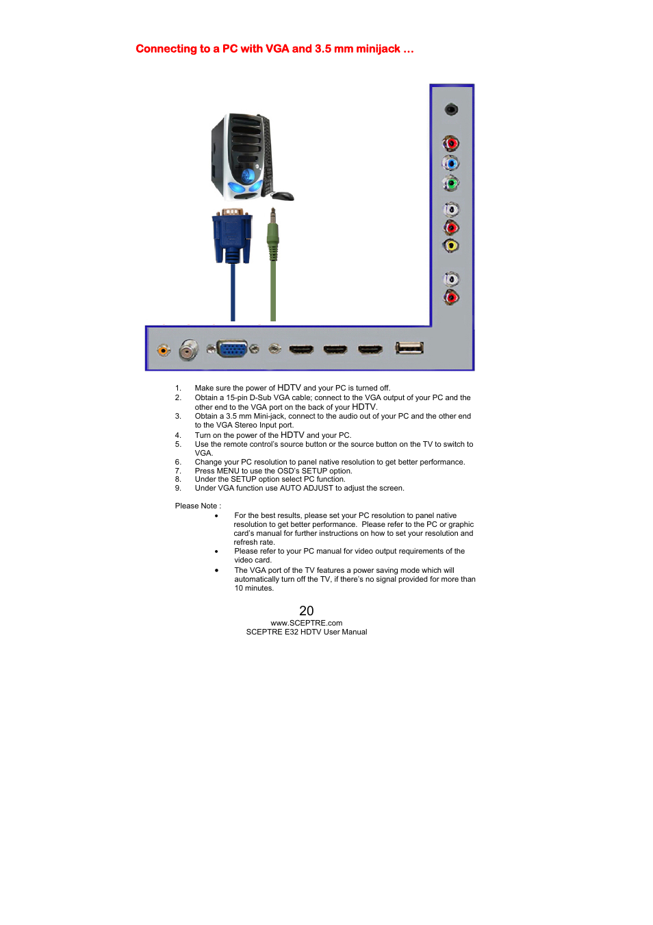 Connecting to a pc with vga and 3.5 mm minijack | Sceptre E325BD-HD User Manual | Page 20 / 58