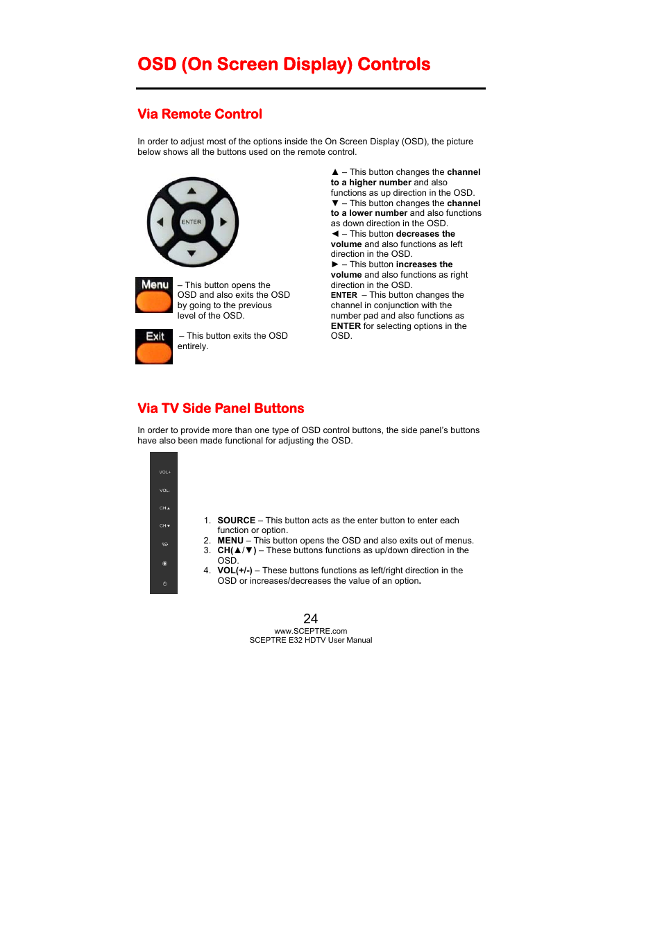 Osd (on screen display) controls, Via remote control, Via tv side panel buttons | Sceptre E325BD-HD User Manual | Page 24 / 58