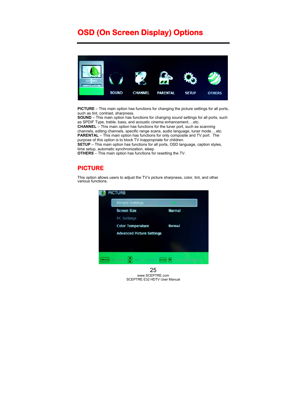 Osd (on screen display) options, Picture | Sceptre E325BD-HD User Manual | Page 25 / 58