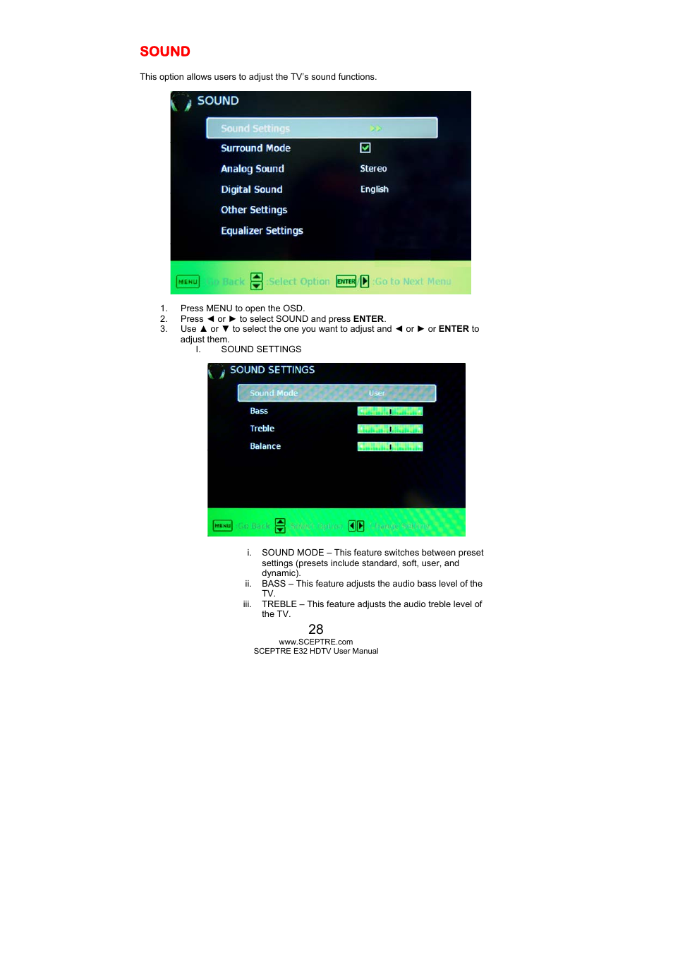 Sound | Sceptre E325BD-HD User Manual | Page 28 / 58
