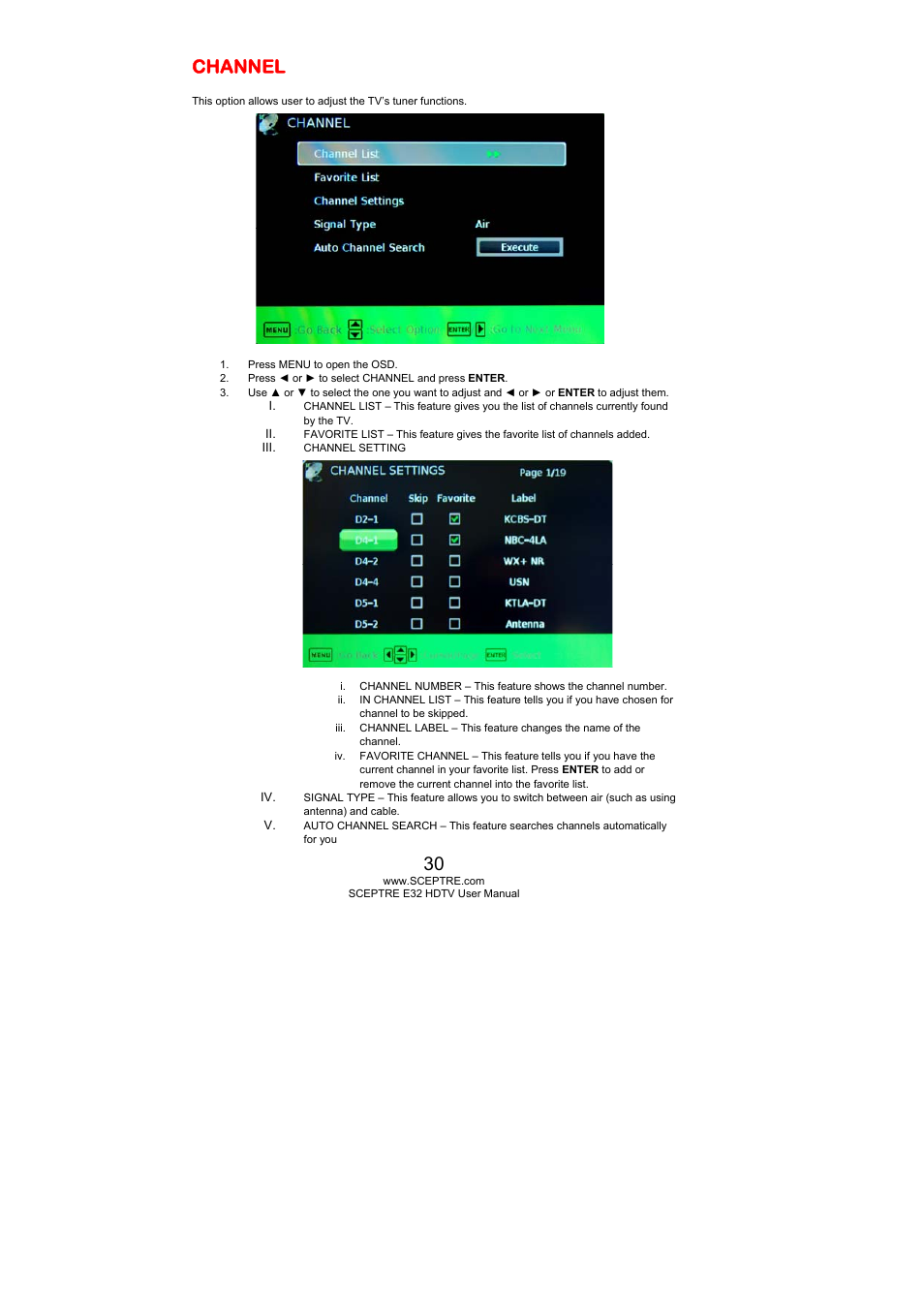 Channel | Sceptre E325BD-HD User Manual | Page 30 / 58