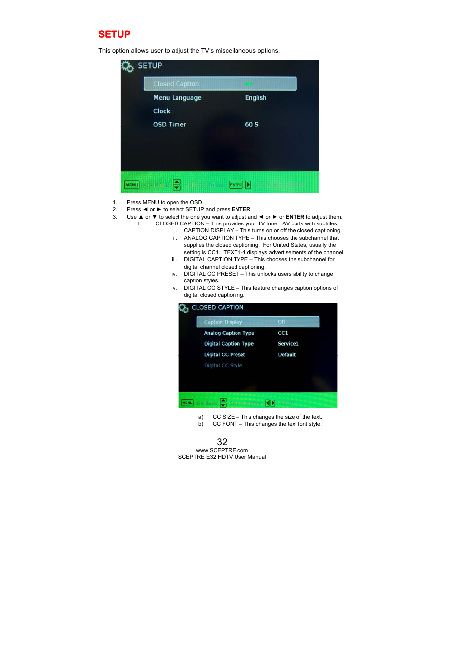 Setup | Sceptre E325BD-HD User Manual | Page 32 / 58