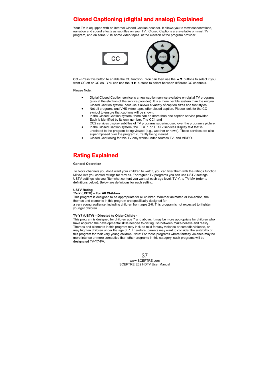 Closed captioning (digital and analog) explained, Rating explained | Sceptre E325BD-HD User Manual | Page 37 / 58