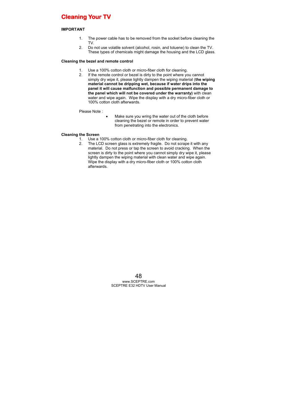Cleaning your tv | Sceptre E325BD-HD User Manual | Page 48 / 58