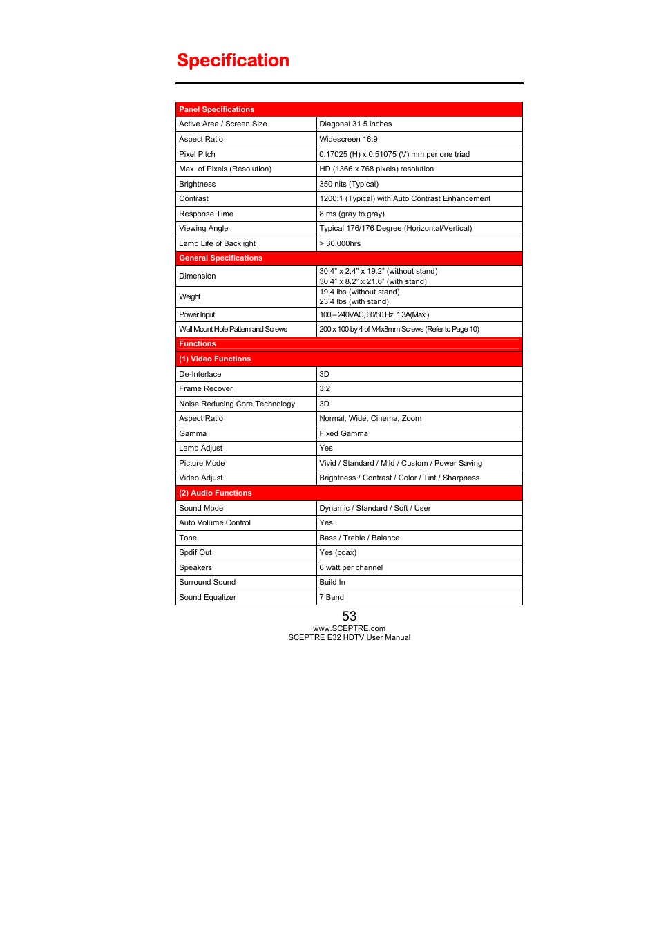Specification | Sceptre E325BD-HD User Manual | Page 53 / 58