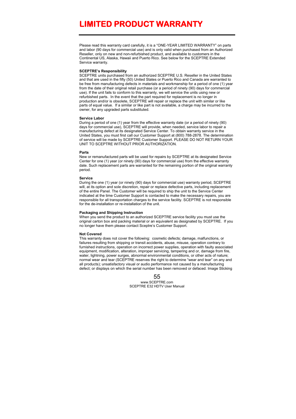 Limited product warranty | Sceptre E325BD-HD User Manual | Page 55 / 58