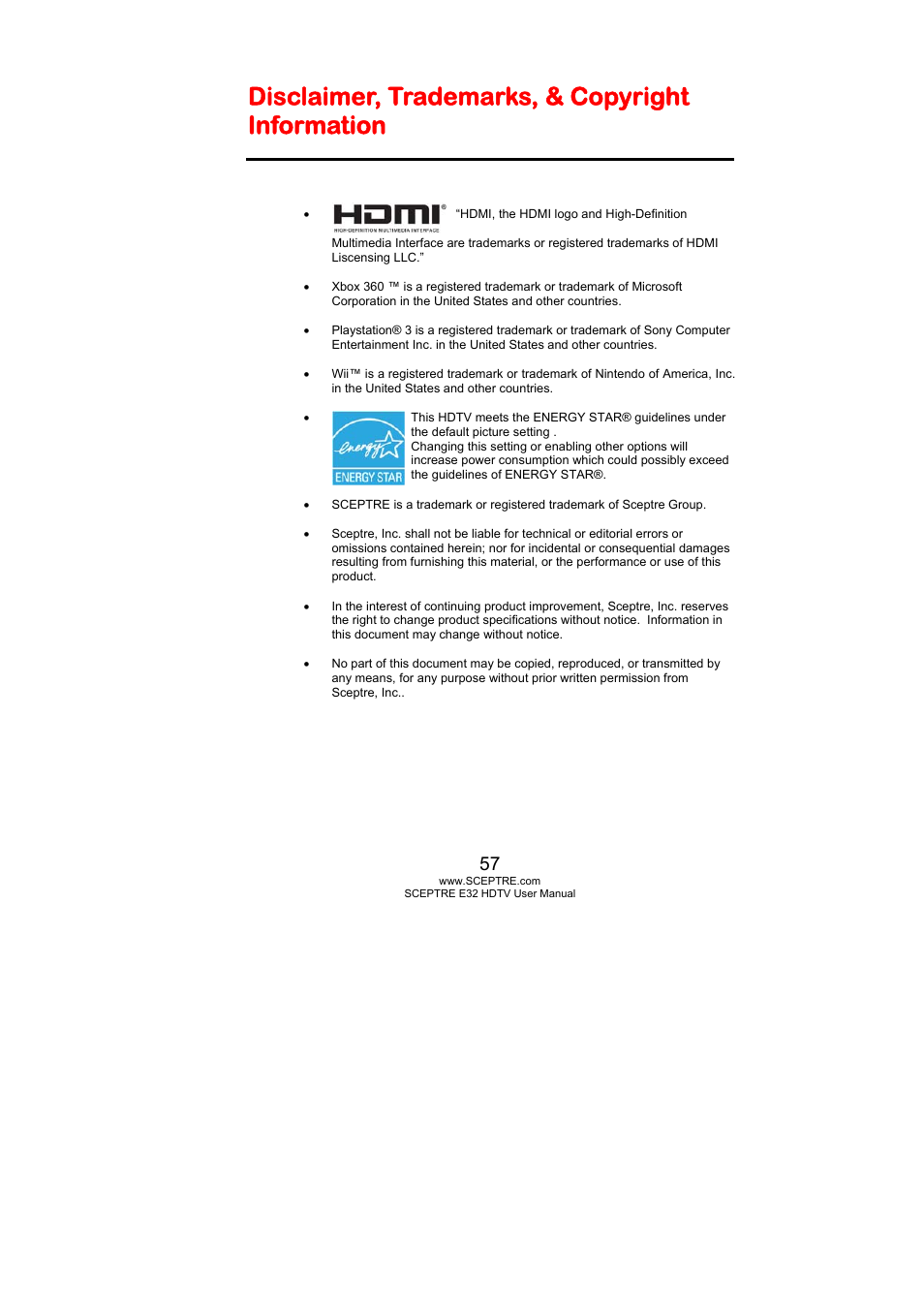 Disclaimer, trademarks, & copyright information | Sceptre E325BD-HD User Manual | Page 57 / 58